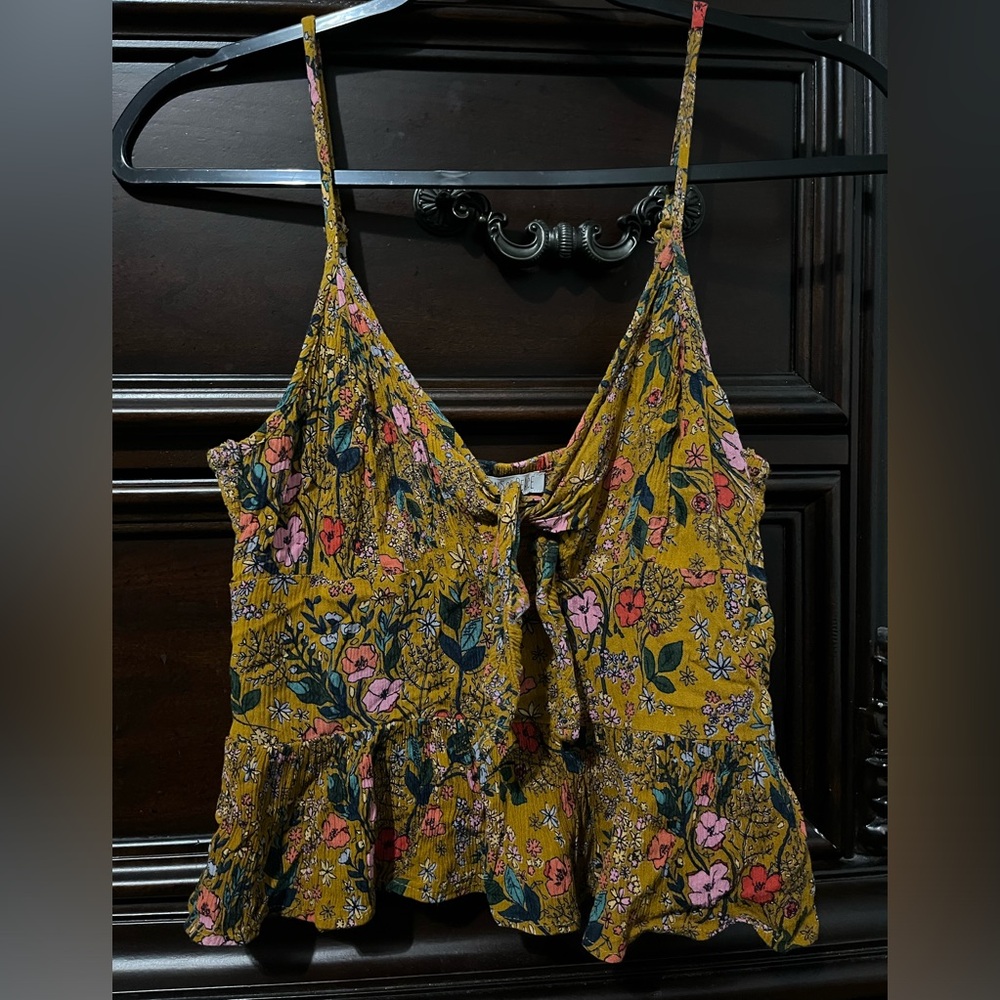 Patrons of Peace Mustard Yellow Floral Smocked Neck Blouse NWOT